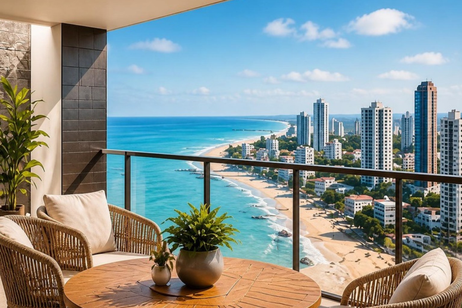 Varanda de apartamento com vista para o mar e a orla de João Pessoa.